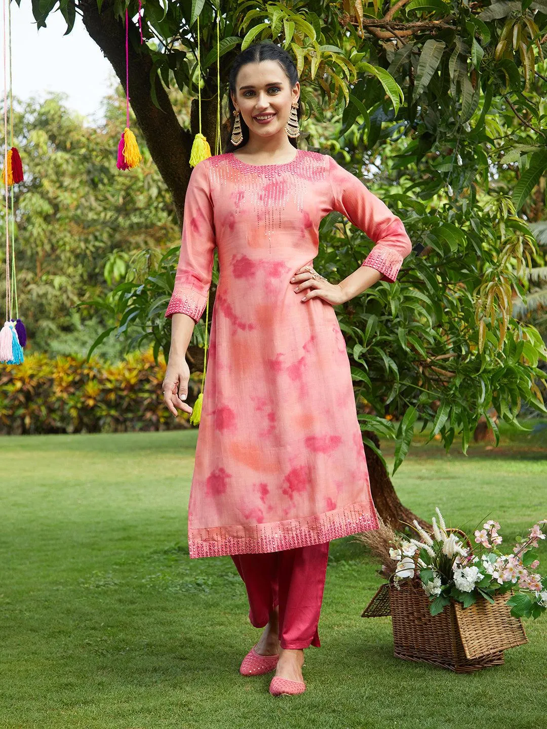 Abstract Printed & Embroidered Straight Kurta with Pants & Dupatta - Peach