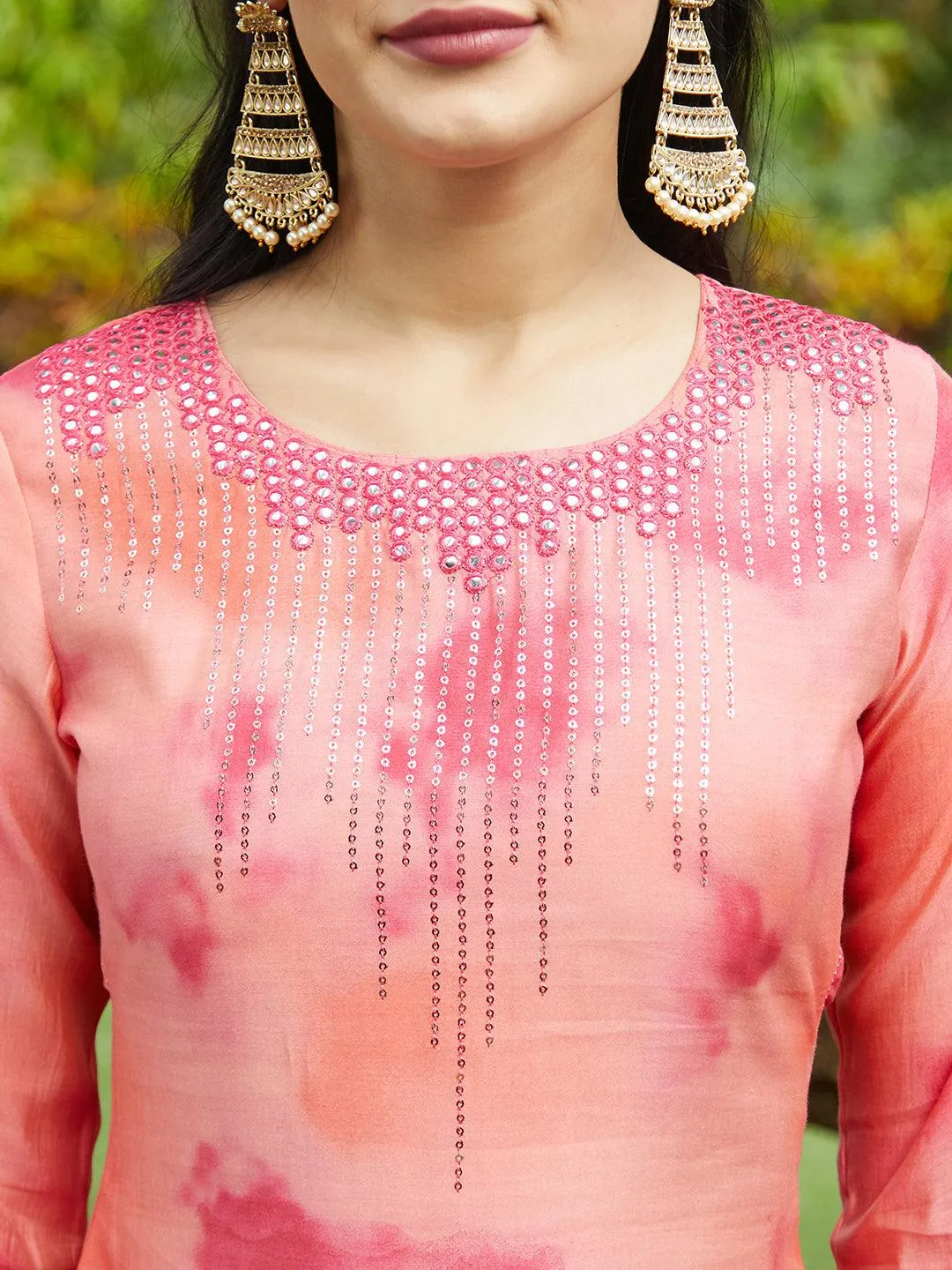 Abstract Printed & Embroidered Straight Kurta with Pants & Dupatta - Peach