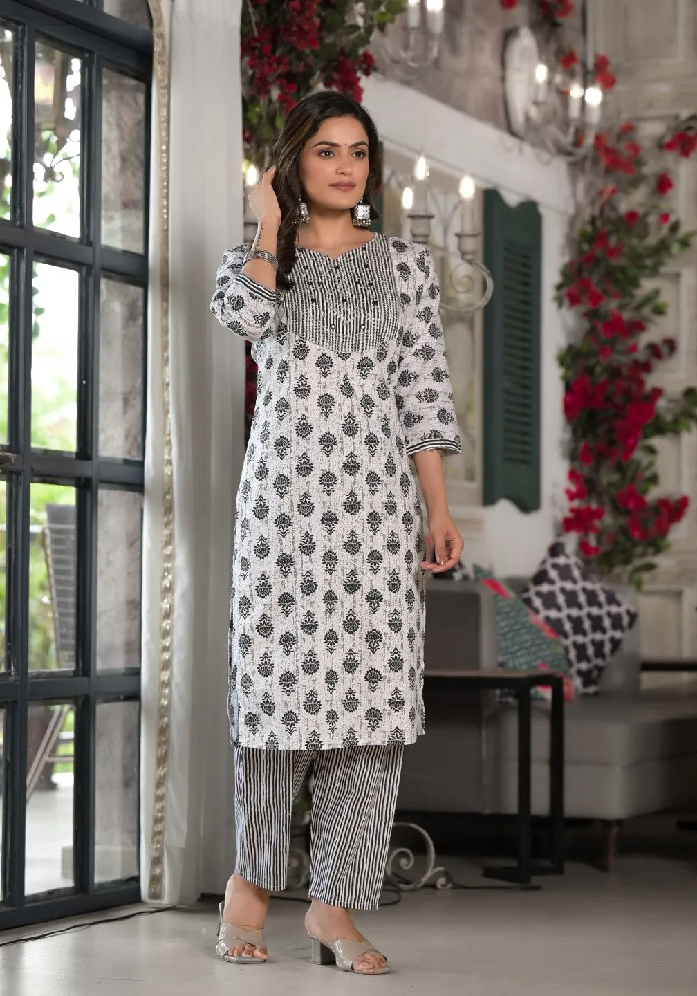 Black Ethnic Motif Printed Cotton Kurta, Pant And Dupatta Set With Mirror & Thread Work