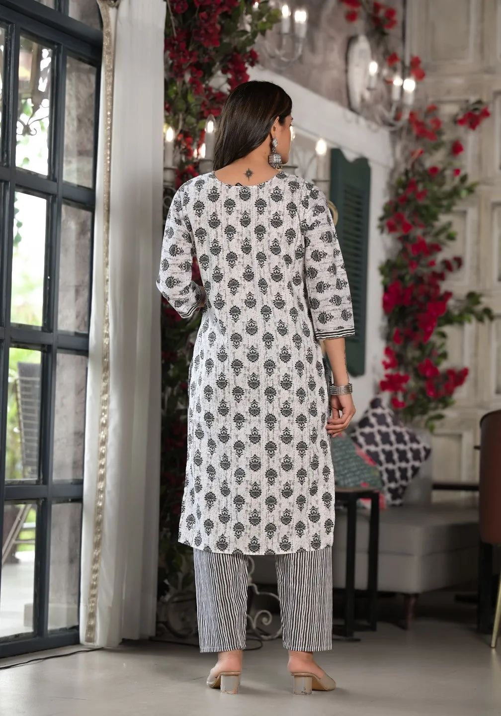 Black Ethnic Motif Printed Cotton Kurta, Pant And Dupatta Set With Mirror & Thread Work