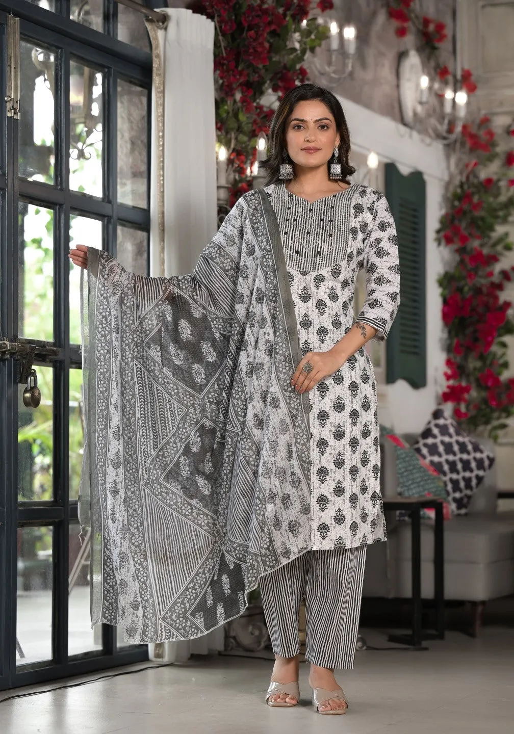 Black Ethnic Motif Printed Cotton Kurta, Pant And Dupatta Set With Mirror & Thread Work