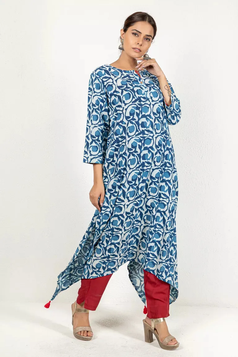 Blue-Colored Indigo Hand Block Dabu Printed Kurta