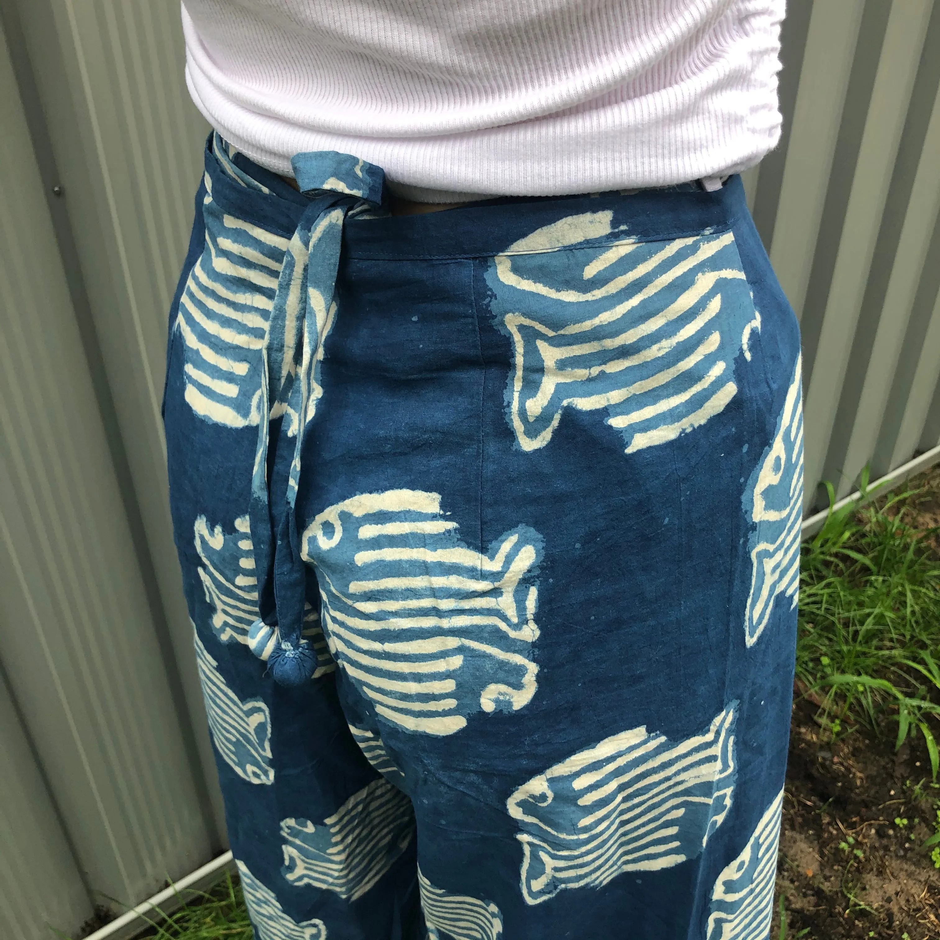 Fair Trade Ethical Cotton Mud Resistant Print Wrap Pants Fish Design