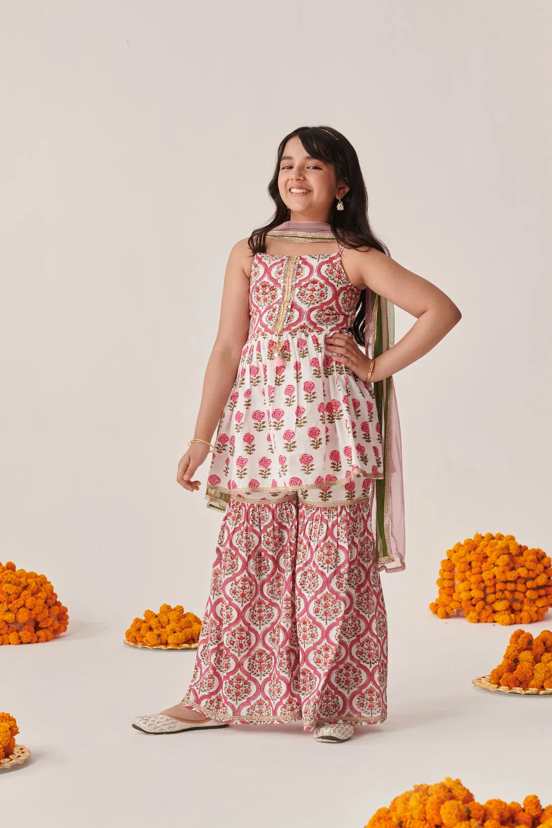 Girls Floral Printed Regular Mirror Work Kurta With Sharara & With Dupatta