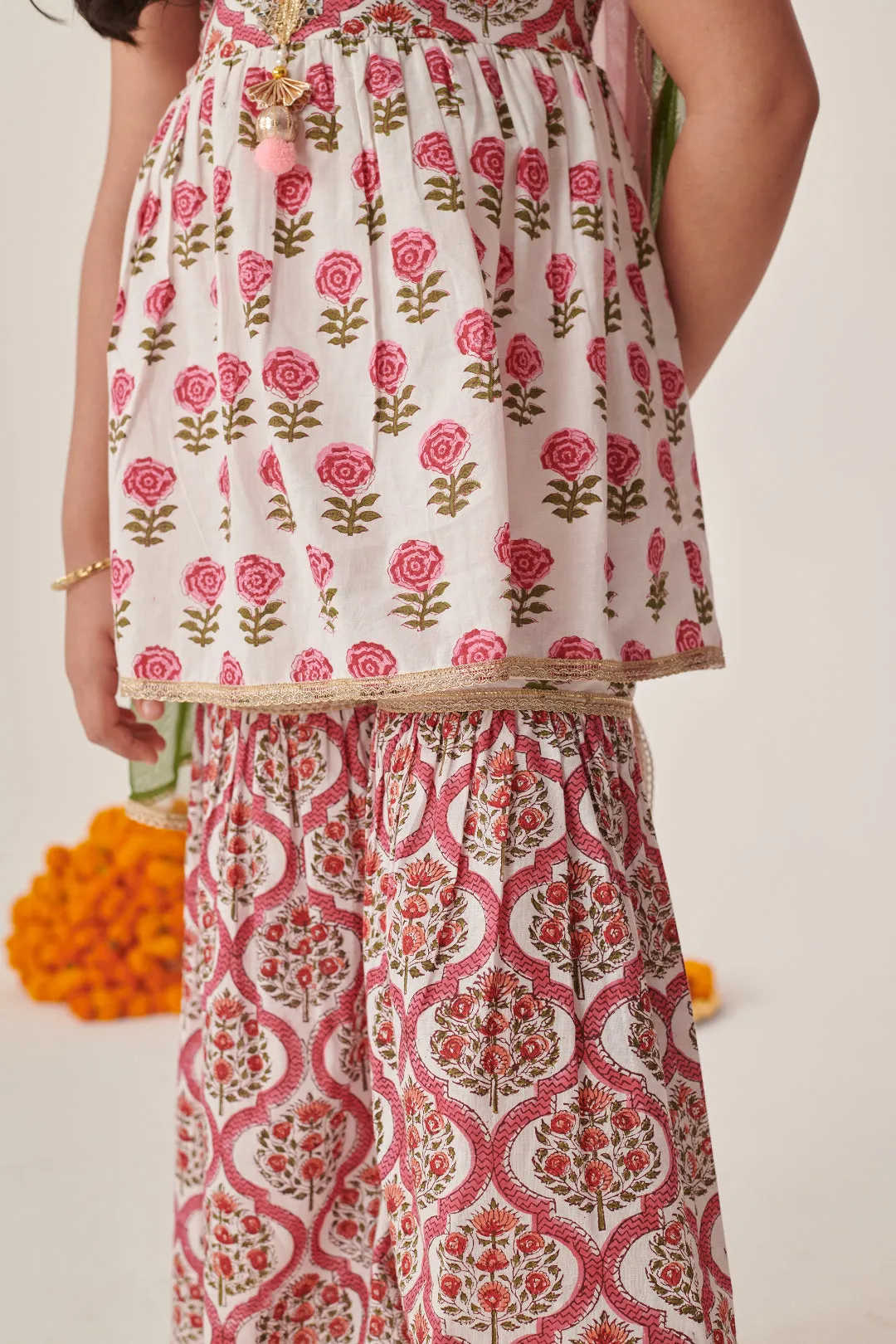 Girls Floral Printed Regular Mirror Work Kurta With Sharara & With Dupatta