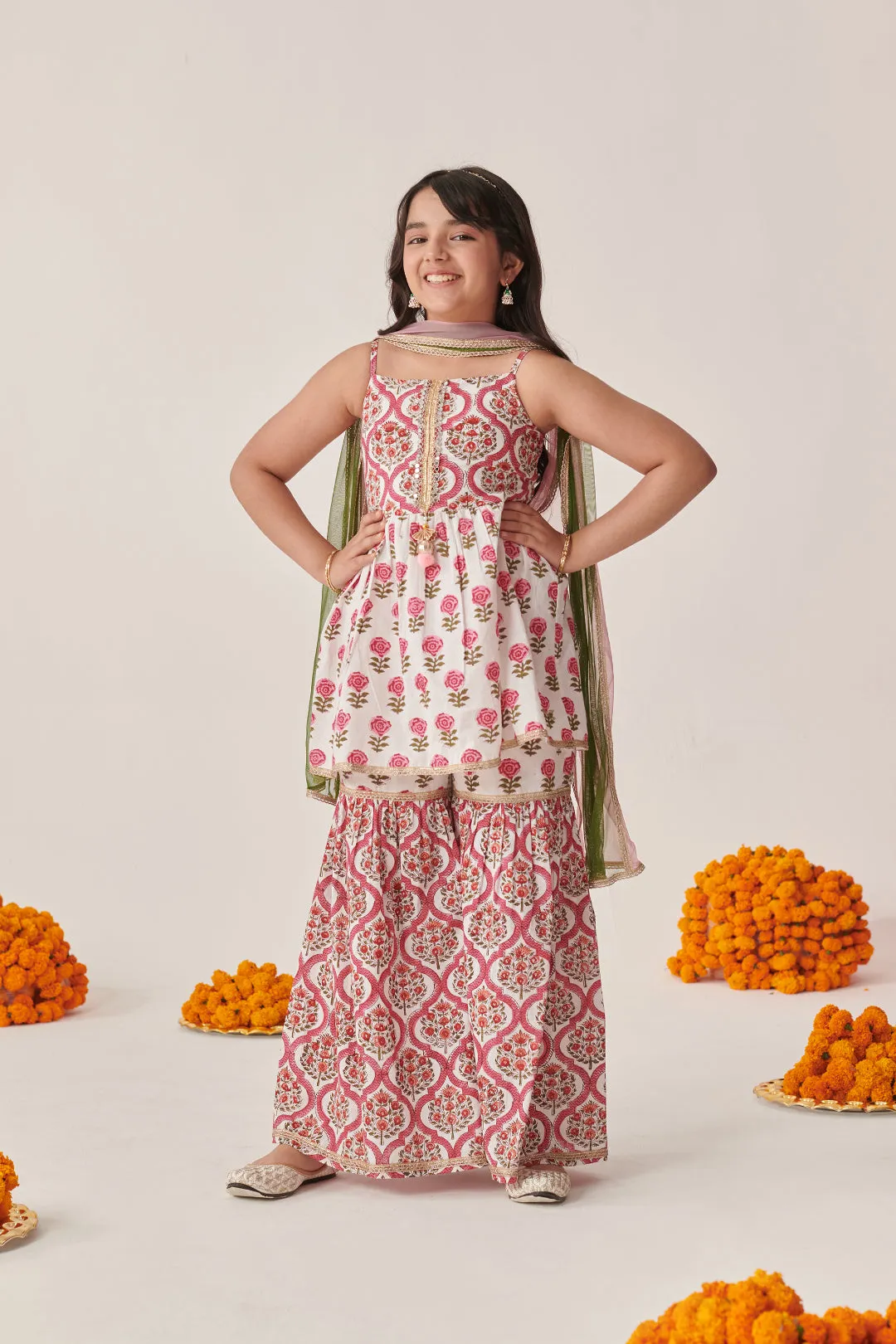 Girls Floral Printed Regular Mirror Work Kurta With Sharara & With Dupatta