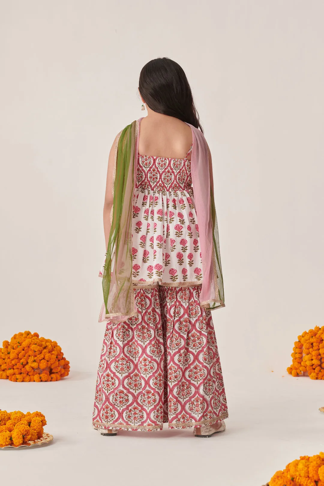 Girls Floral Printed Regular Mirror Work Kurta With Sharara & With Dupatta