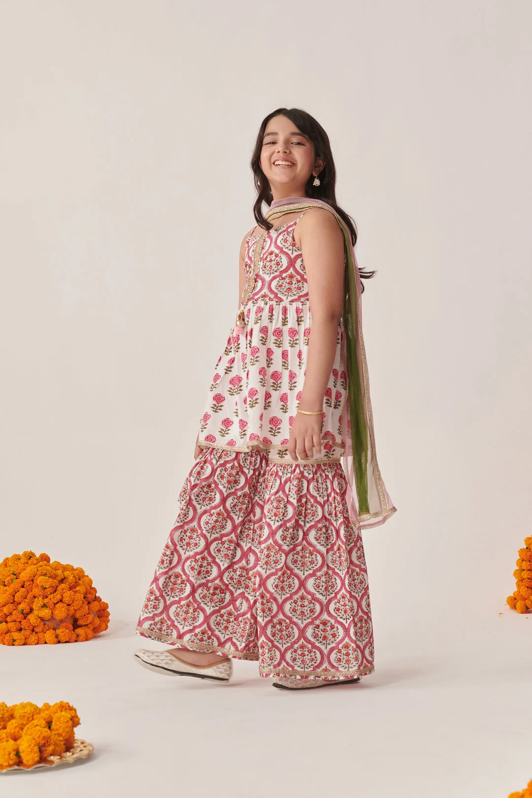 Girls Floral Printed Regular Mirror Work Kurta With Sharara & With Dupatta