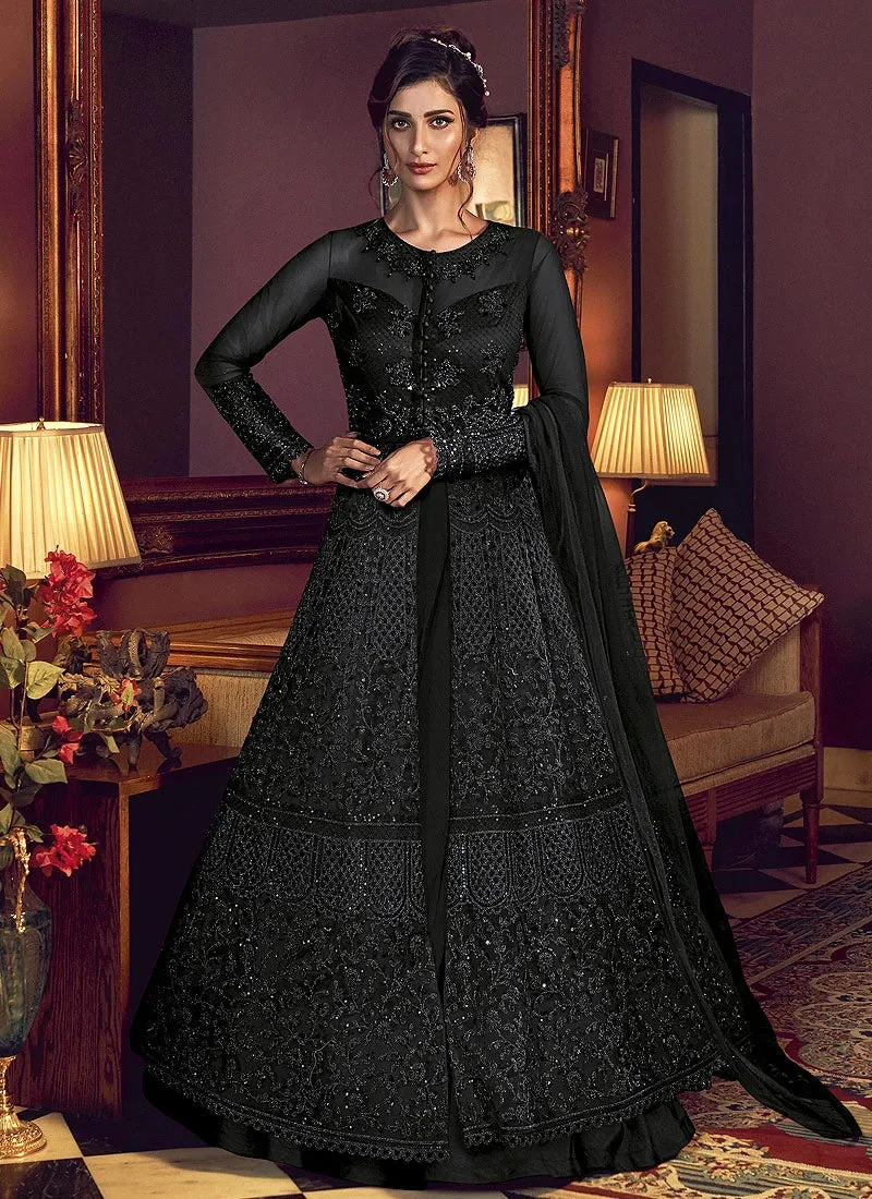 Glorious Black Slit Cut Embroidered Designer Anarkali Suit