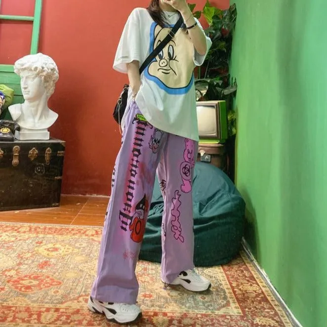 Graffiti Printed Street Fashion Wide Leg Pants