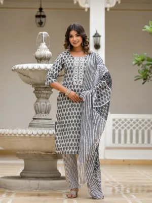 Grey Ethnic Motif Printed Cotton Kurta, Pant And Dupatta Set With Thread & Mirror Work