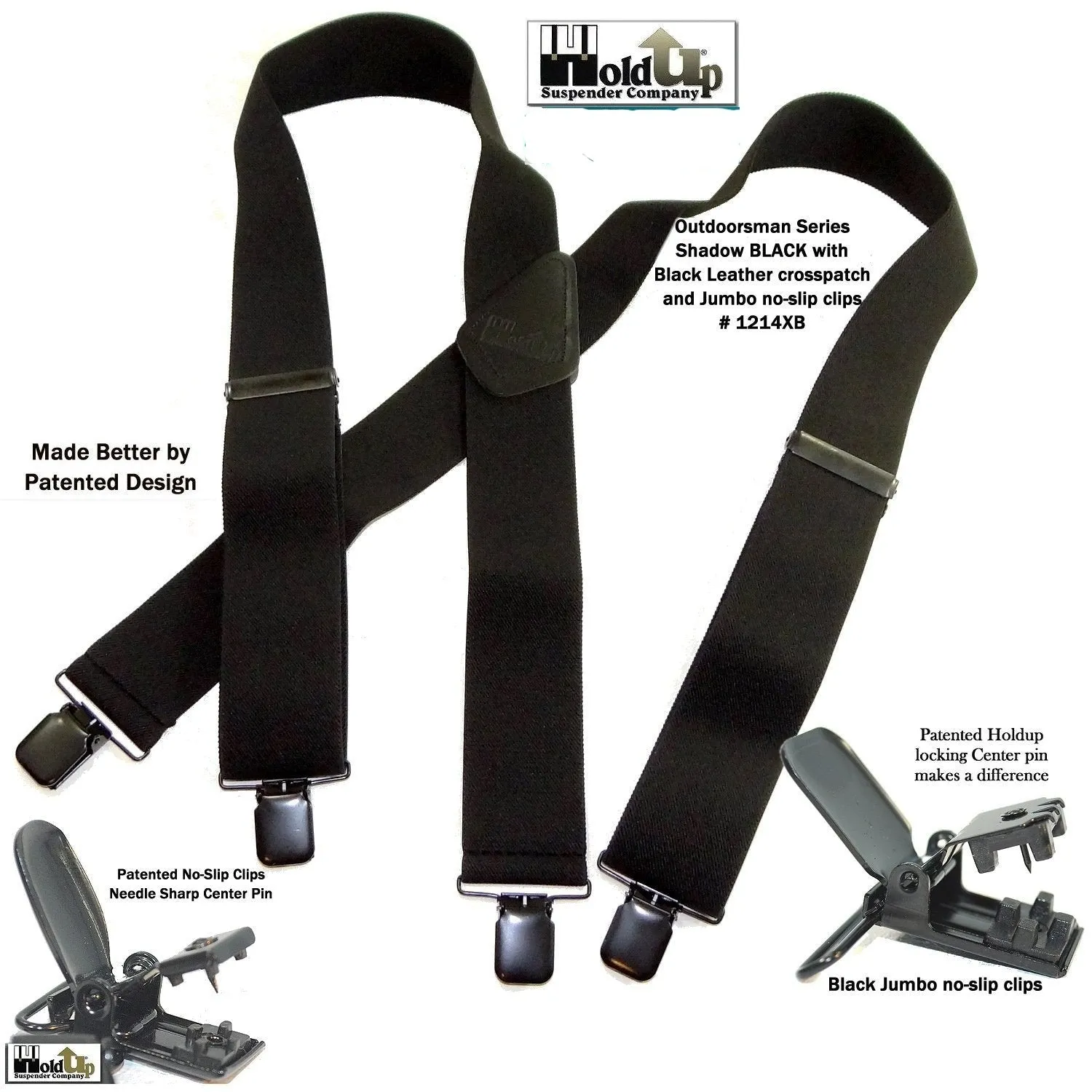 Hold-Up Brand Shadow Black Heavy Duty Work Suspenders are 2" Wide with Jumbo Black USA Patented No-slip Clips