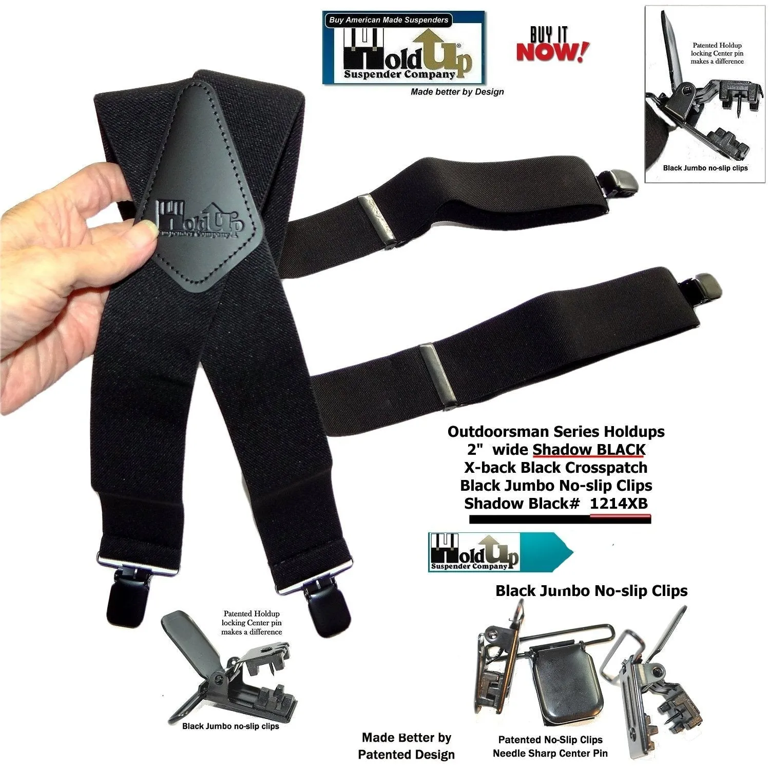 Hold-Up Brand Shadow Black Heavy Duty Work Suspenders are 2" Wide with Jumbo Black USA Patented No-slip Clips