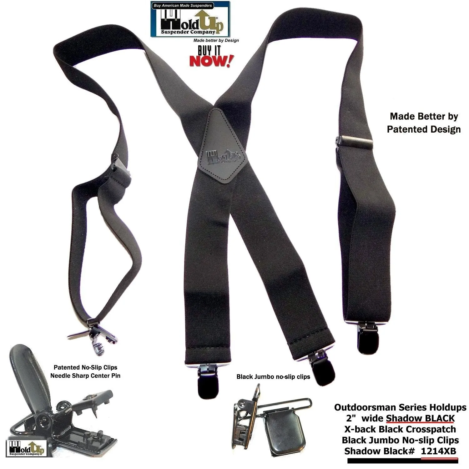 Hold-Up Brand Shadow Black Heavy Duty Work Suspenders are 2" Wide with Jumbo Black USA Patented No-slip Clips