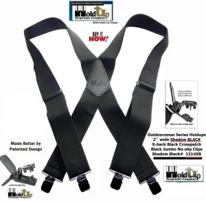 Hold-Up Brand Shadow Black Heavy Duty Work Suspenders are 2" Wide with Jumbo Black USA Patented No-slip Clips