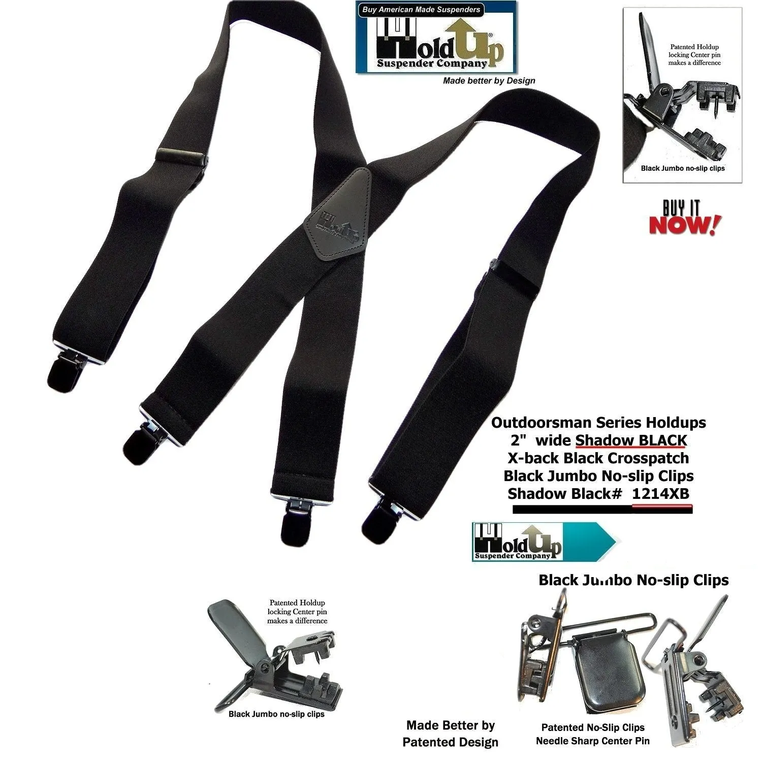 Hold-Up Brand Shadow Black Heavy Duty Work Suspenders are 2" Wide with Jumbo Black USA Patented No-slip Clips