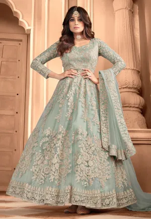 Ice Blue Shamita Shetty Net Floor Length Anarkali Suit