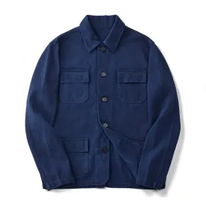 Men's Herringbone Work Shirt Indigo Loose Fit French Sack Suit Jacket