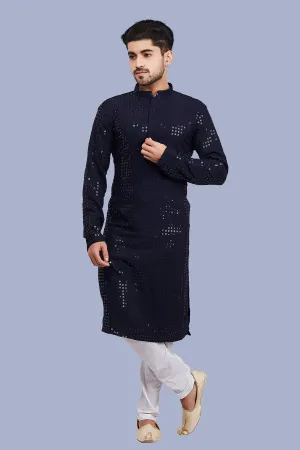 Men's Navy Sequin Work Kurta Pajama