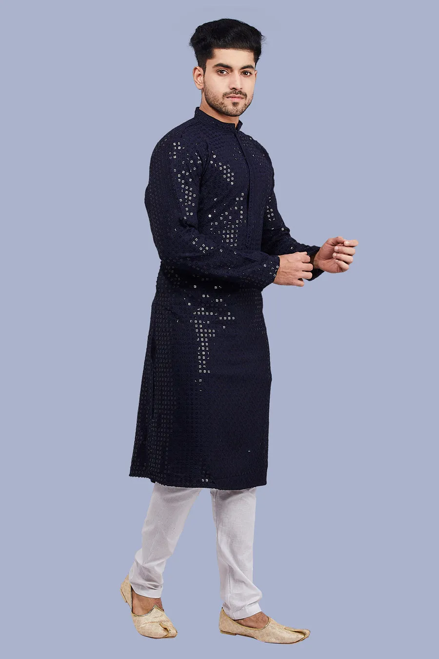 Men's Navy Sequin Work Kurta Pajama