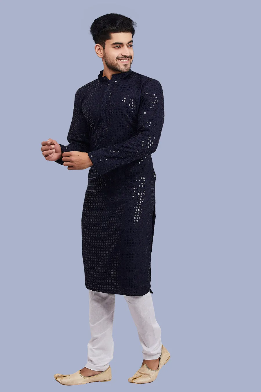 Men's Navy Sequin Work Kurta Pajama