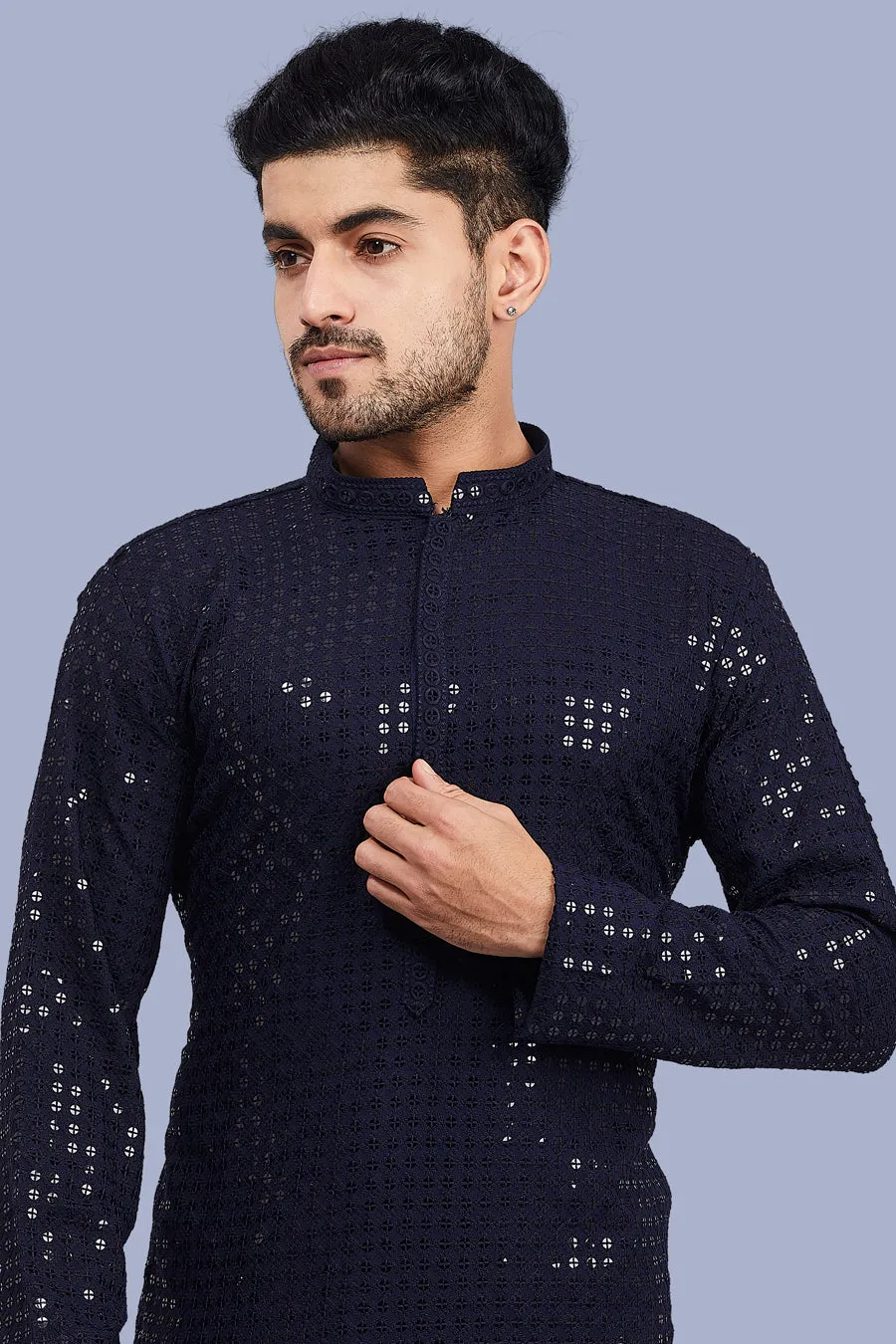 Men's Navy Sequin Work Kurta Pajama