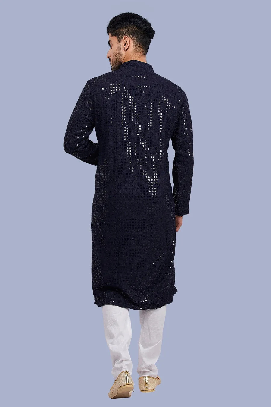 Men's Navy Sequin Work Kurta Pajama