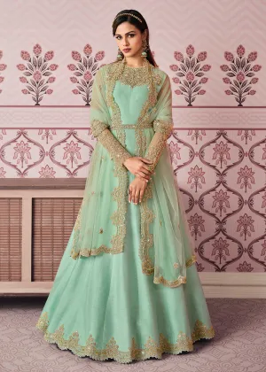 Mint Blue Art Silk Fabric Indian Embroidered Anarkali Suit