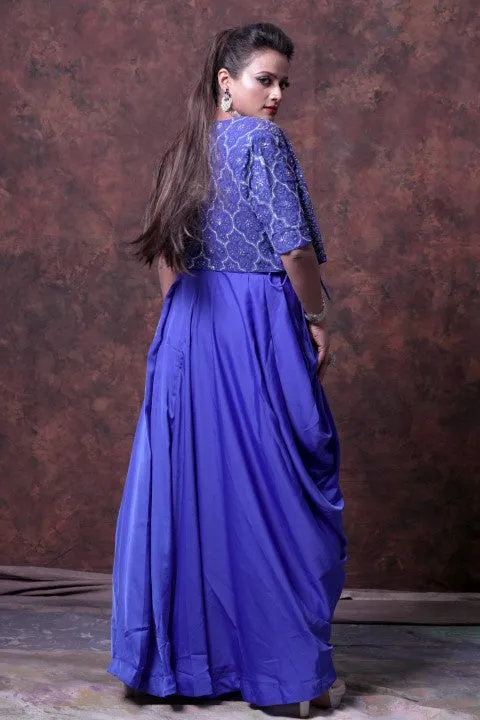 Navy Blue Indo-Western Lehenga Choli With Jacket.