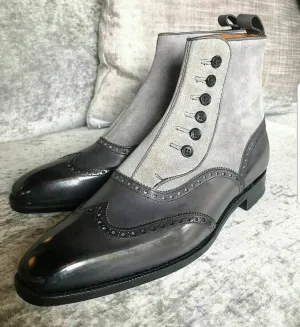 New Handmade Pure Dark Gray& Black Leather & Gray Suede Button Boots for Men's