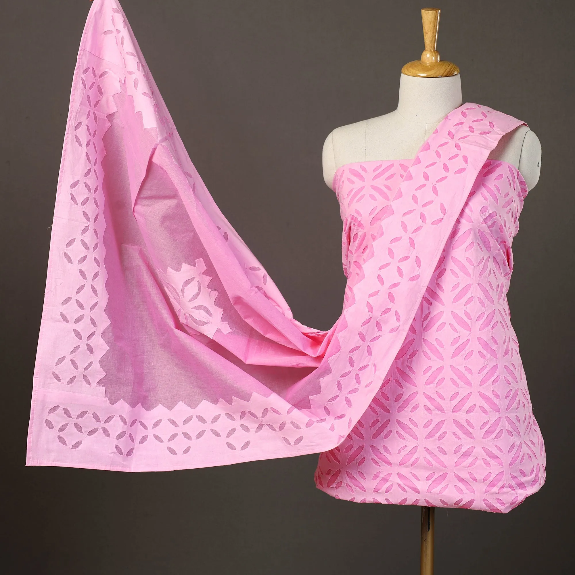 Pink - 3pc Cut Work Cotton Barmer Applique Dress Material 30