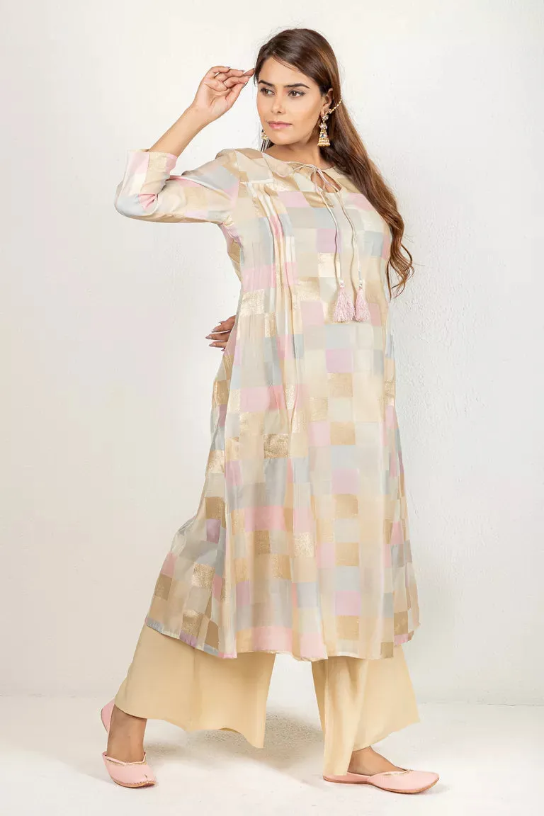 Pink & Sky Blue With Gold Foil Chanderi Kurta