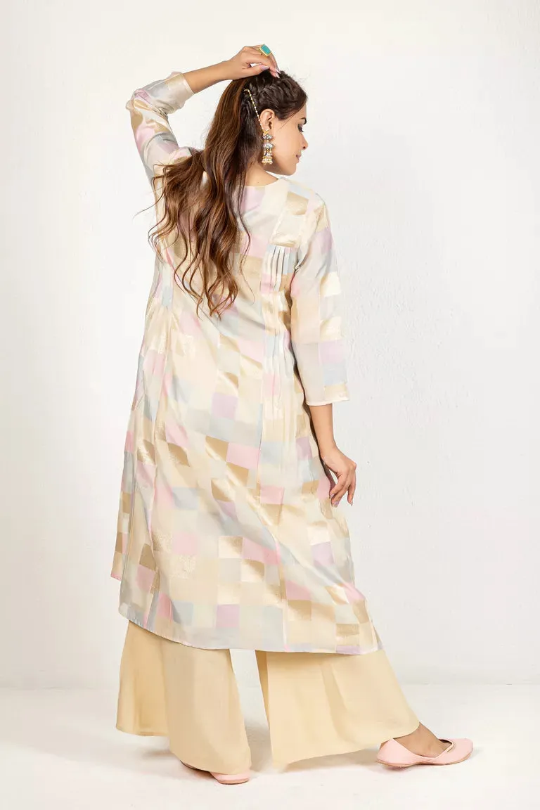 Pink & Sky Blue With Gold Foil Chanderi Kurta