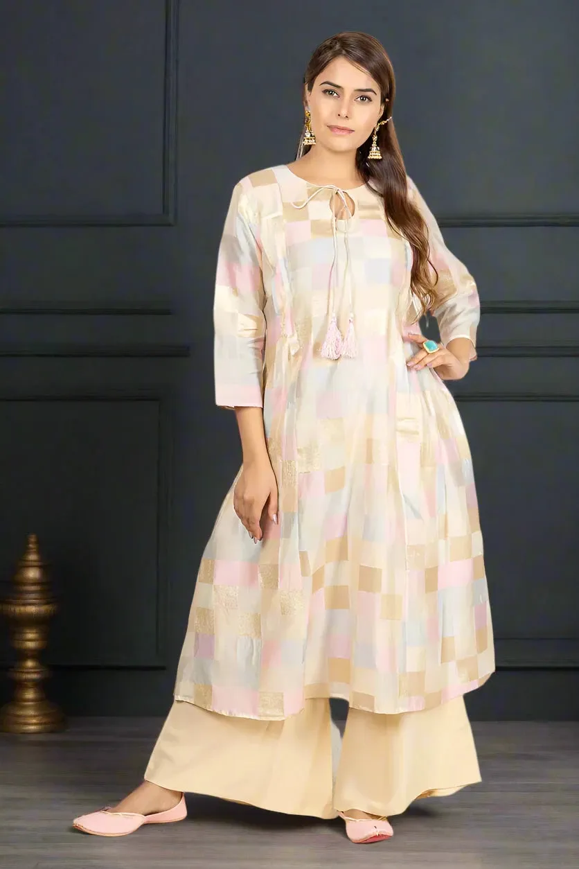 Pink & Sky Blue With Gold Foil Chanderi Kurta