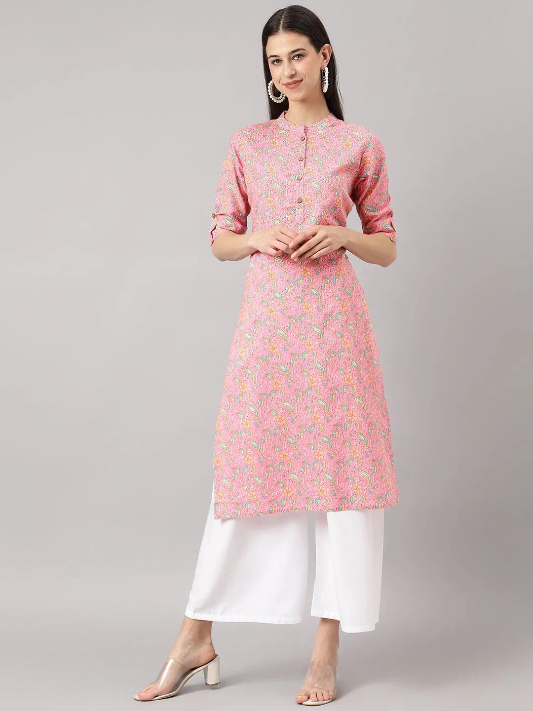 Pink And Green Cotton Katha Work Straight Kurta