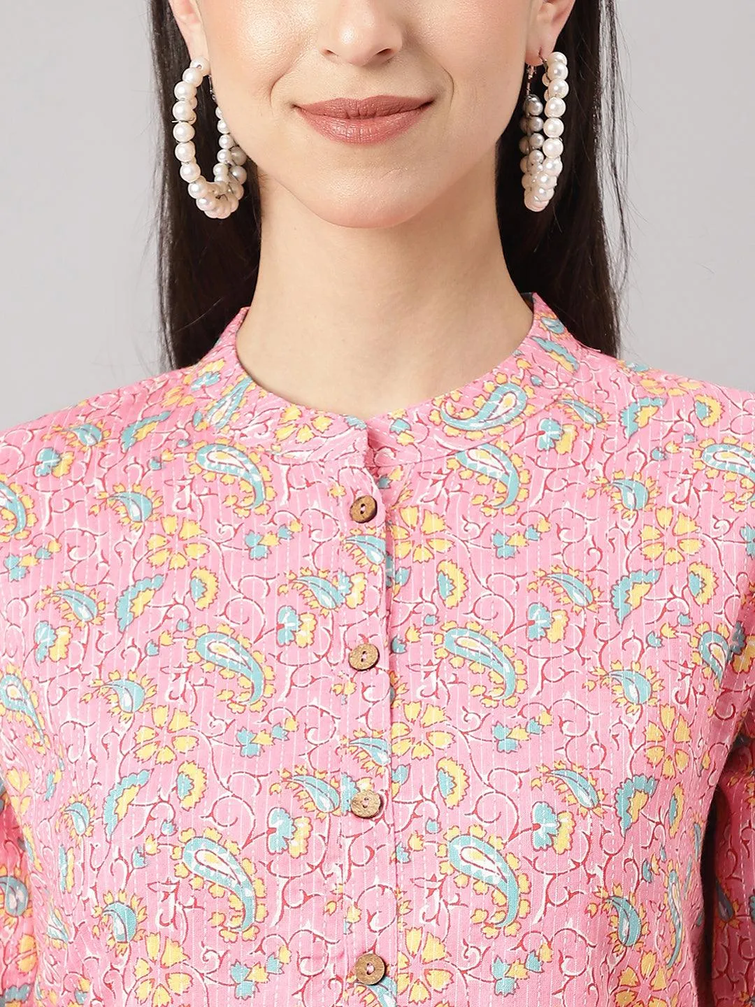 Pink And Green Cotton Katha Work Straight Kurta