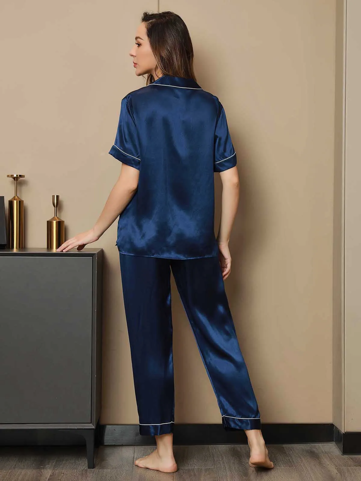 Piping Trim Pure Silk Pajamas Set 2Pcs