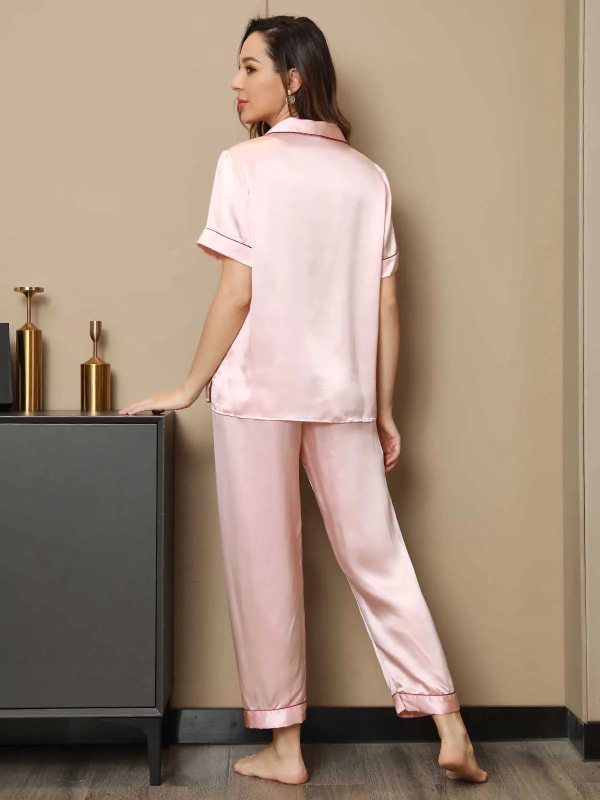 Piping Trim Pure Silk Pajamas Set 2Pcs