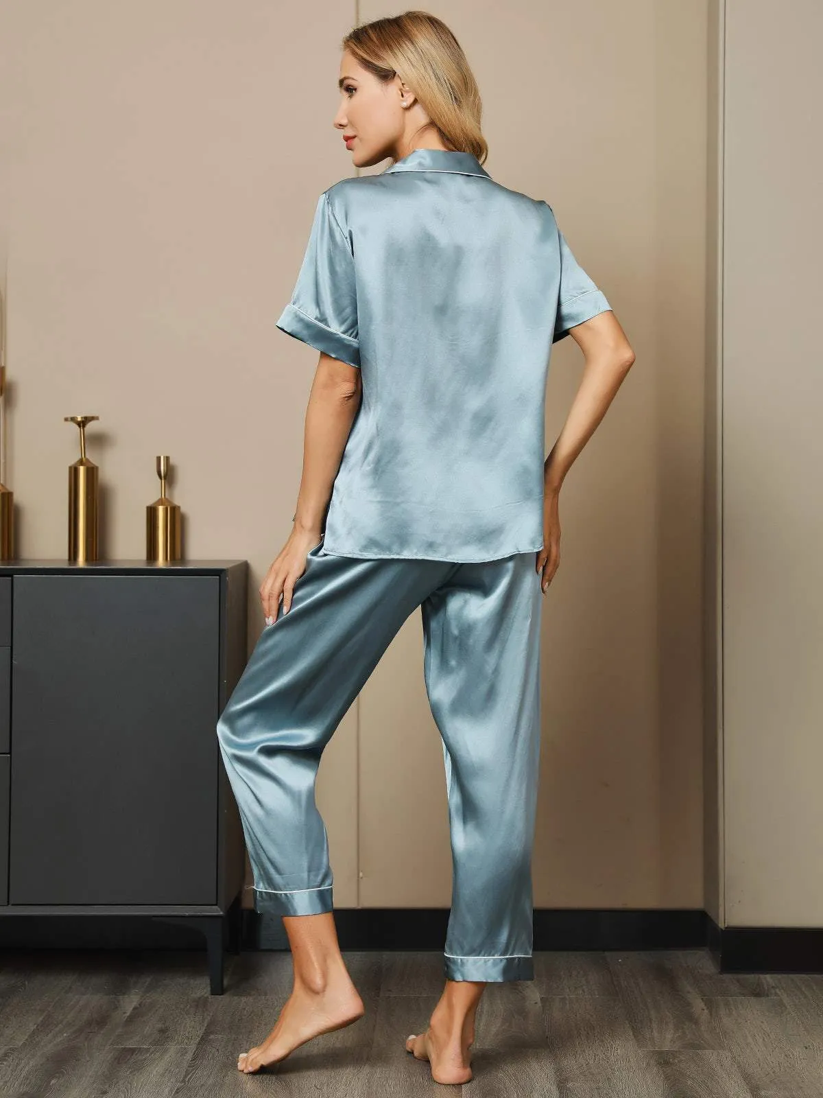 Piping Trim Pure Silk Pajamas Set 2Pcs