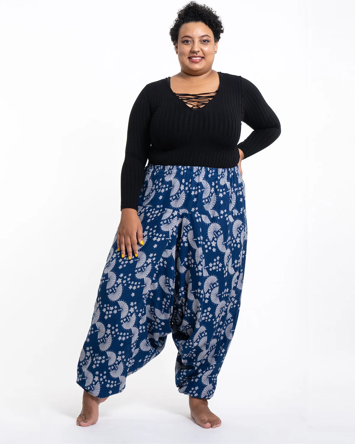 Plus Size Unisex Fan Prints Low Cut Cotton Harem Pants in Indigo