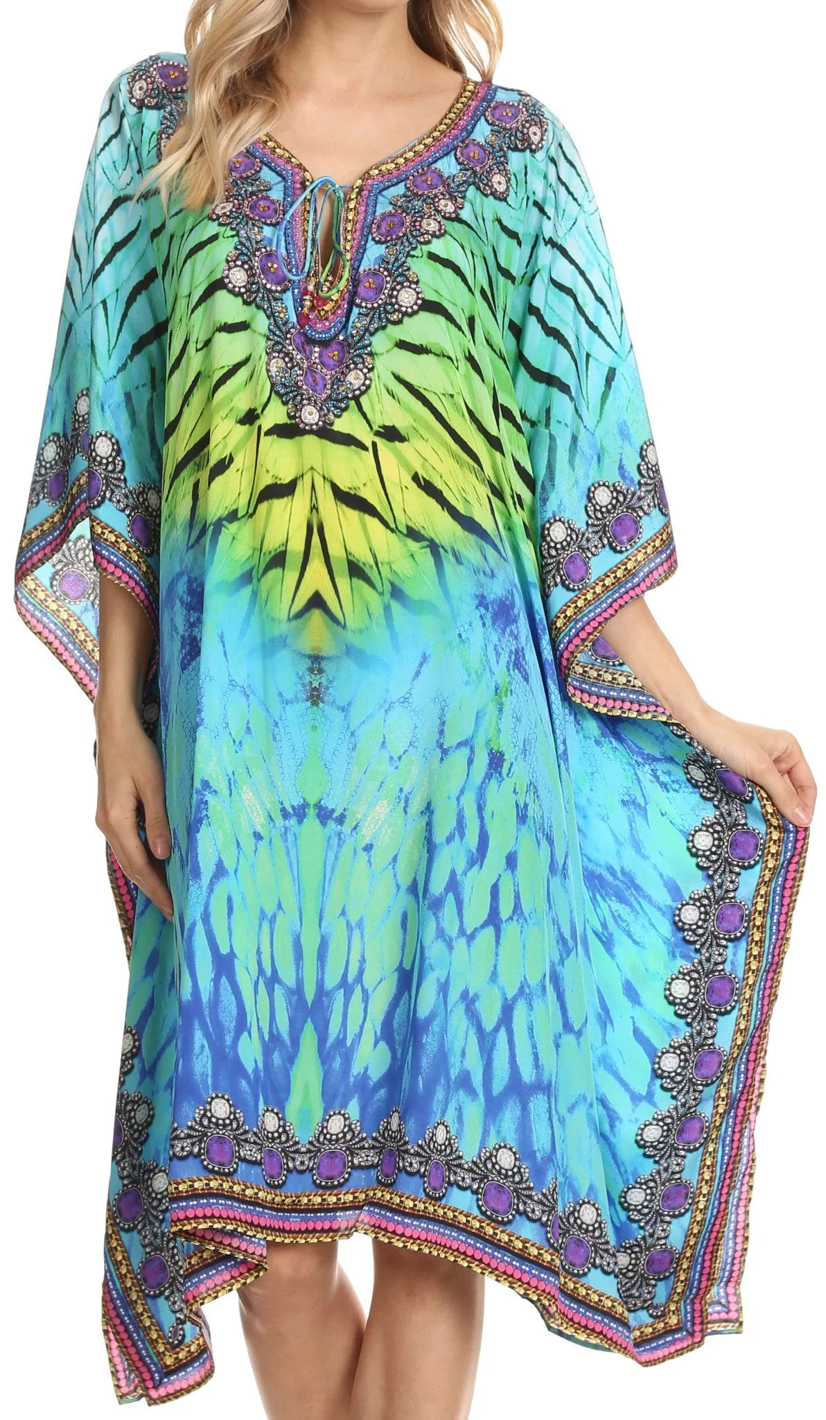 Sakkas Jenni Printed Caftan Dress / Cover Up With Adjustable Neck / Rhinestones