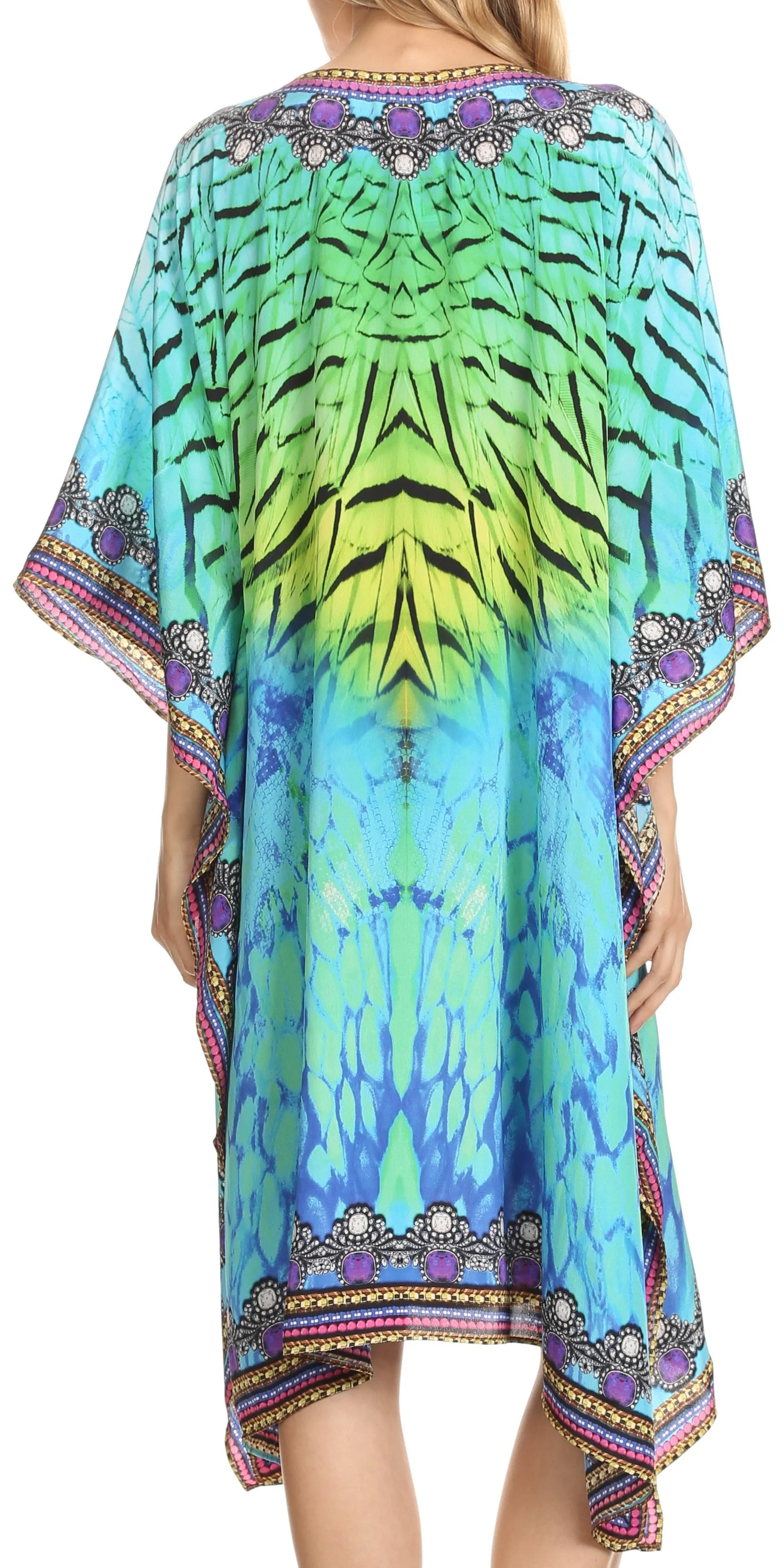 Sakkas Jenni Printed Caftan Dress / Cover Up With Adjustable Neck / Rhinestones