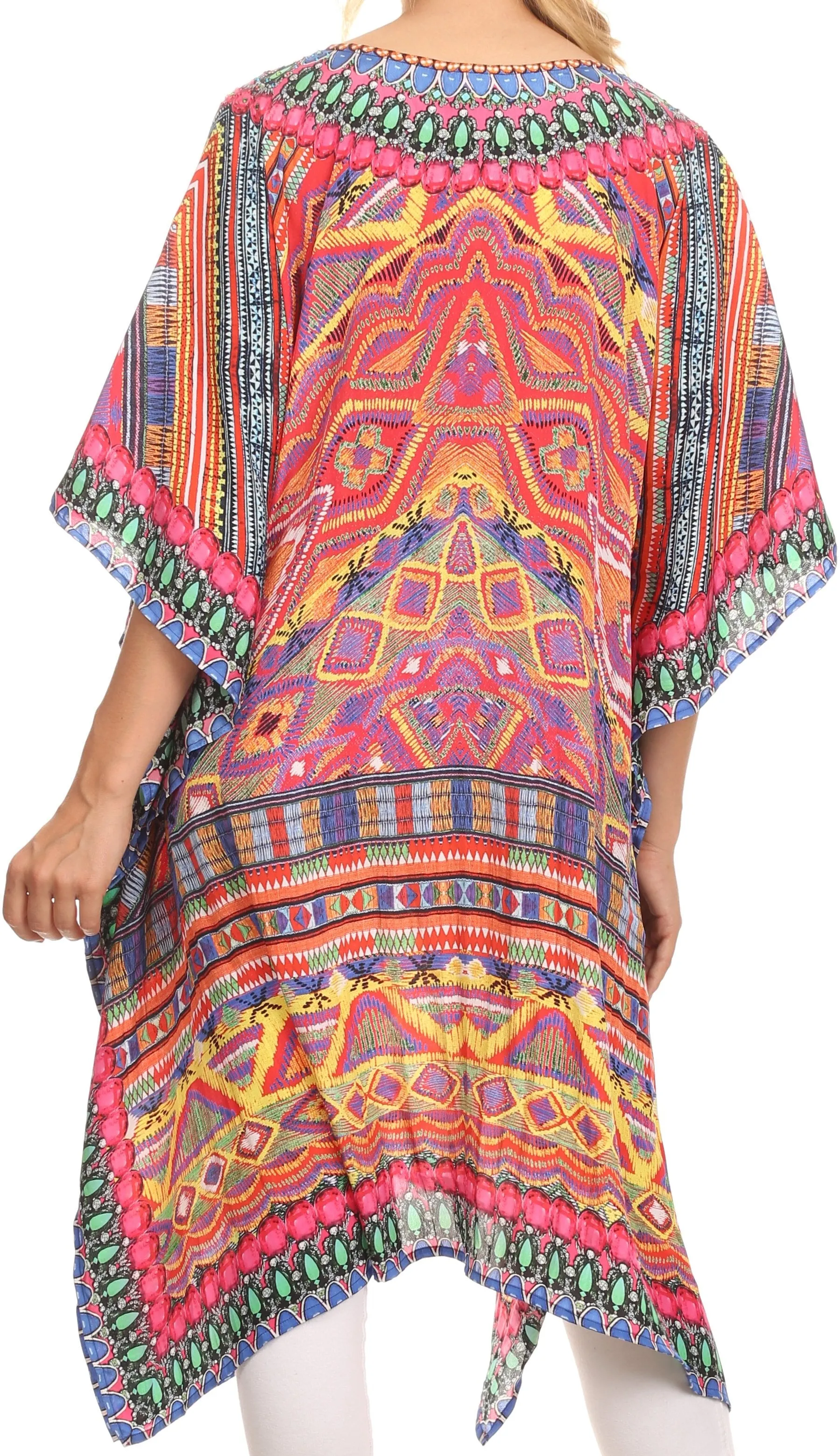 Sakkas Jenni Printed Caftan Dress / Cover Up With Adjustable Neck / Rhinestones