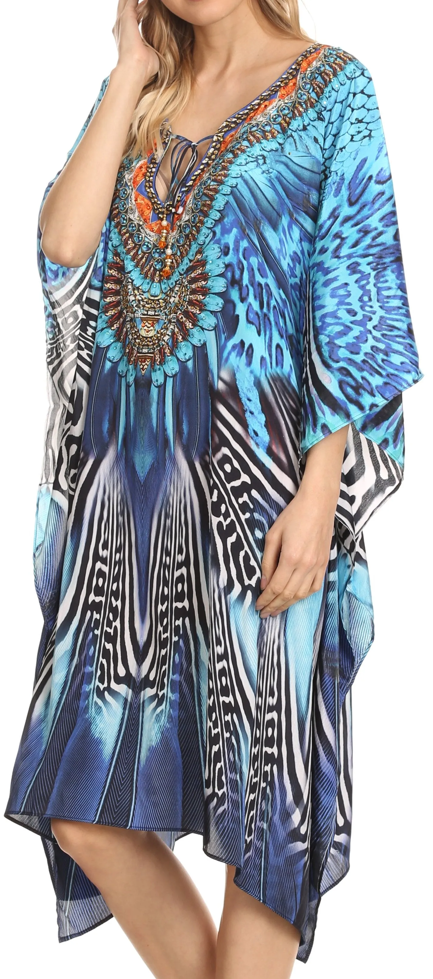 Sakkas Jenni Printed Caftan Dress / Cover Up With Adjustable Neck / Rhinestones