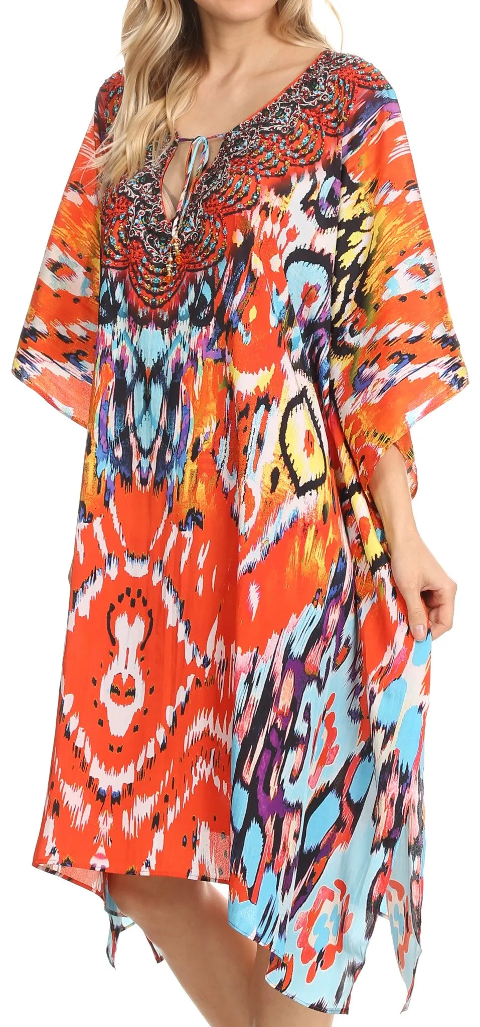 Sakkas Jenni Printed Caftan Dress / Cover Up With Adjustable Neck / Rhinestones