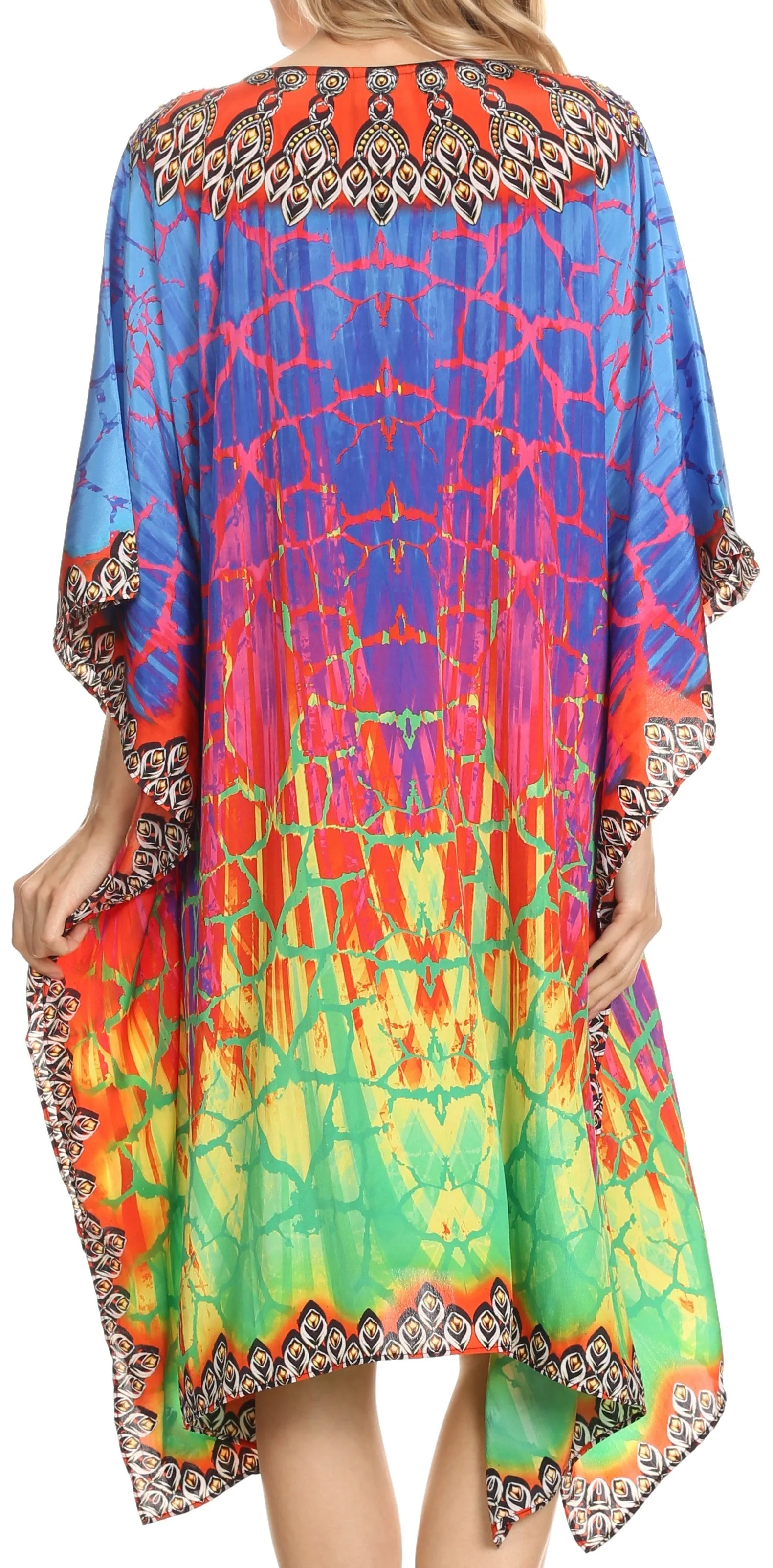 Sakkas Jenni Printed Caftan Dress / Cover Up With Adjustable Neck / Rhinestones