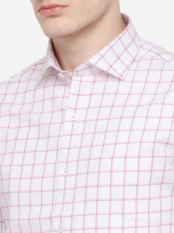 White & Pink Checked Slim Fit Formal Shirt | JadeBlue