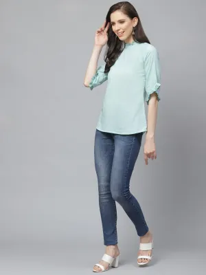 Women Blue A-Line Solid High Neck Top