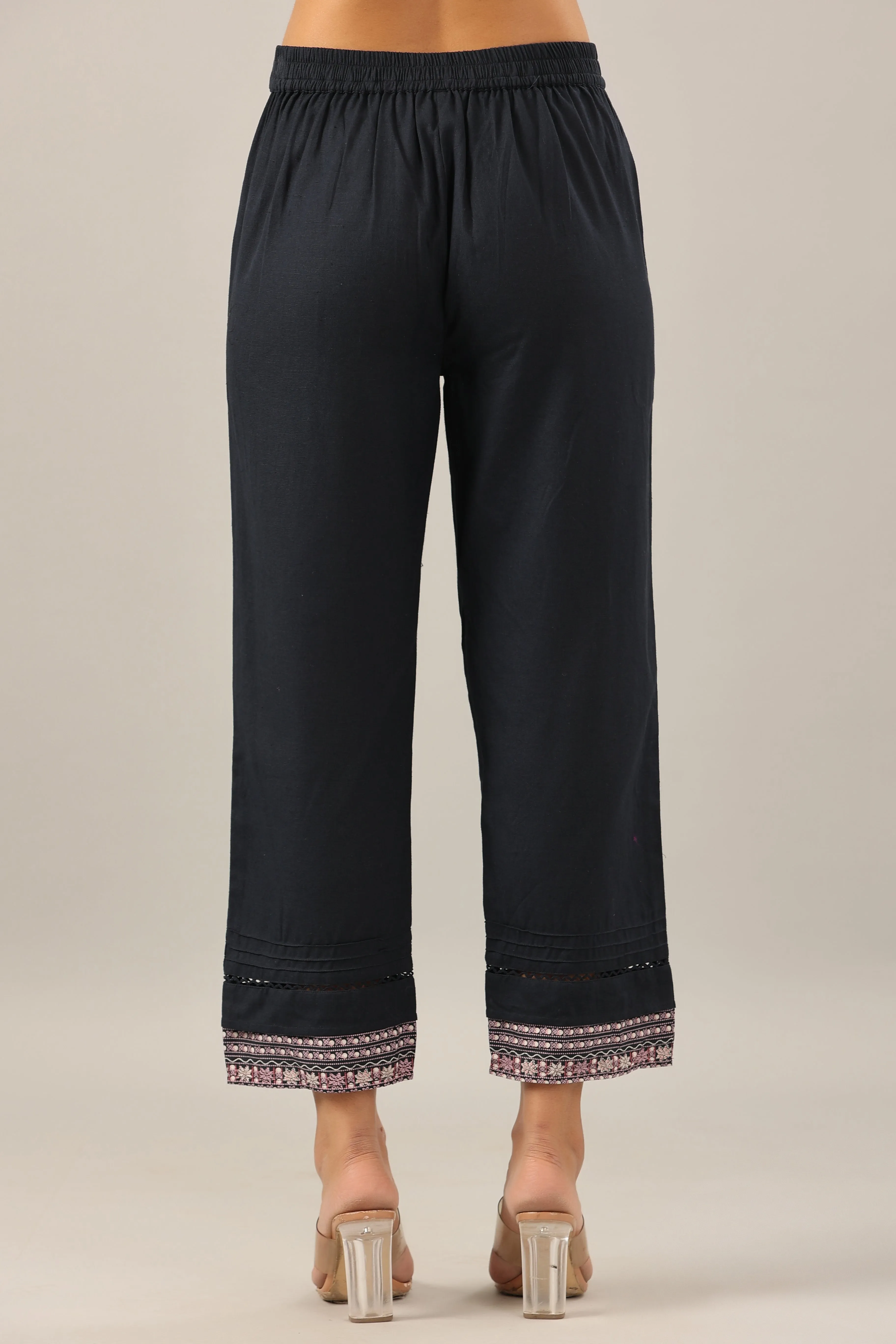 Women Navy Blue Cotton Flex Solid Pant