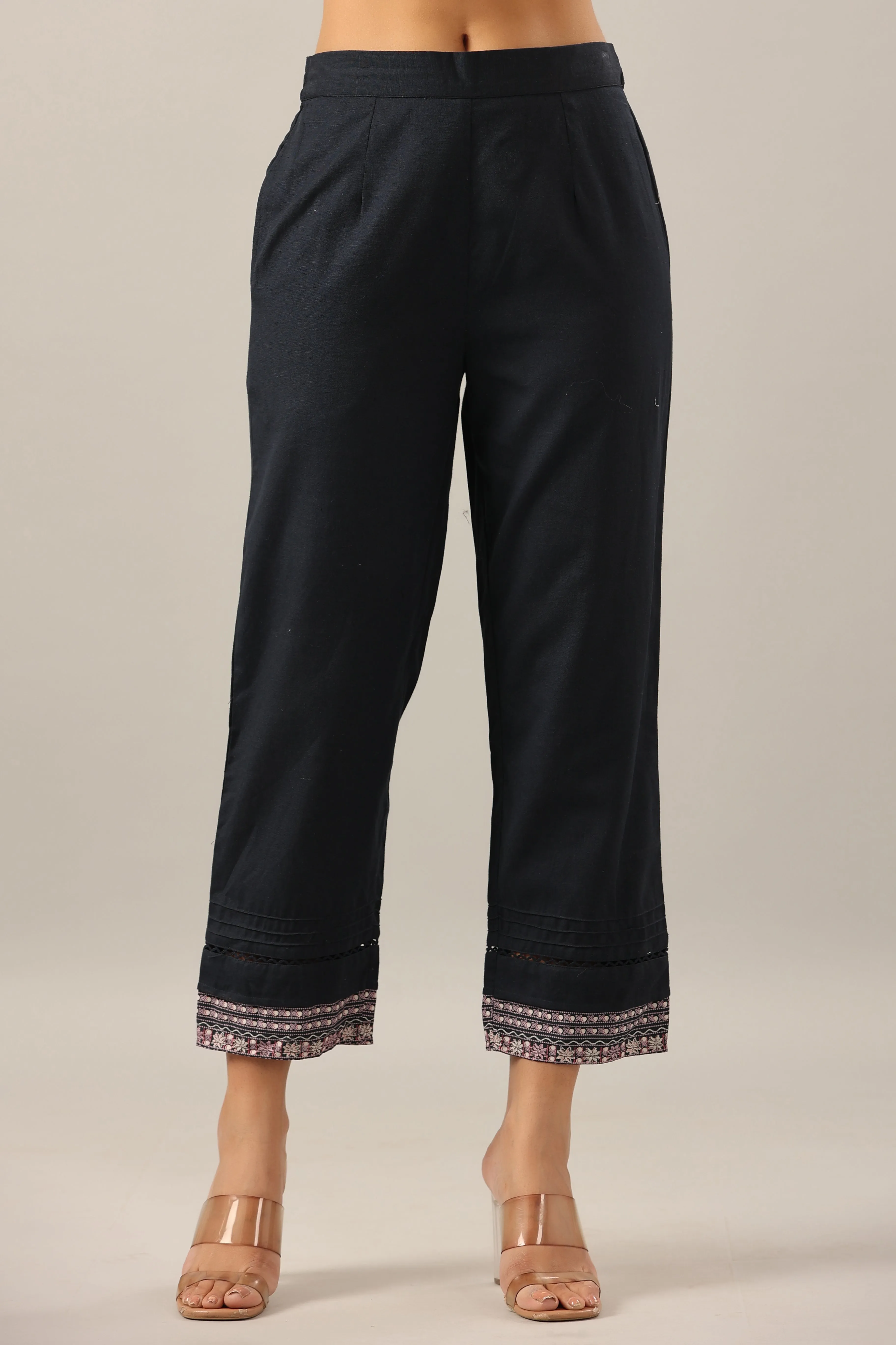 Women Navy Blue Cotton Flex Solid Pant